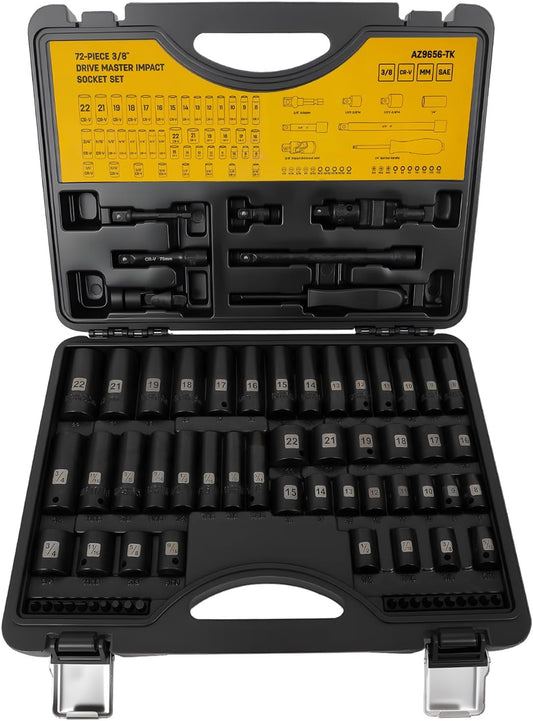 72 PCS 3/8" Impact Socket Bit Set 6 Point, CRV SAE and Metric Sizes (5/16 to 3/4-Inch & 8-22 mm), 2 Extension Rods, 1/4" & 1/2" Adapter, Universal Joint, Screwdriver Handle with 20 Bits